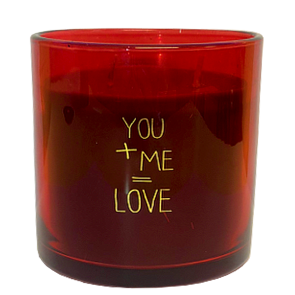 Bougie avec un message : you + me = love, bougie rouge My flame 