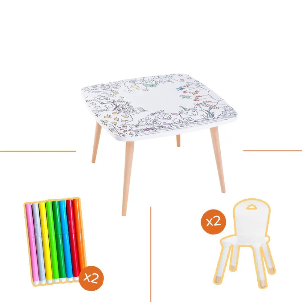 Décoration enfant, table de coloriage drôle de bouilles avec chaises et feutres