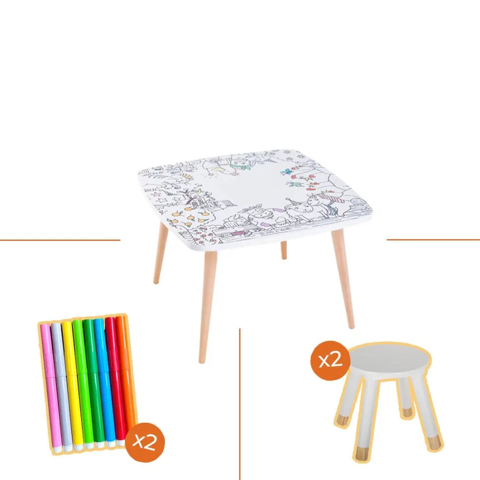 Décoration enfant, table de coloriage drôle de bouilles avec tabouret et feutres