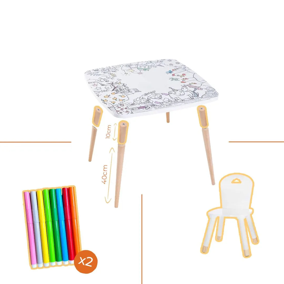 Décoration enfant, table de coloriage drôle de bouilles avec chaises et feutres