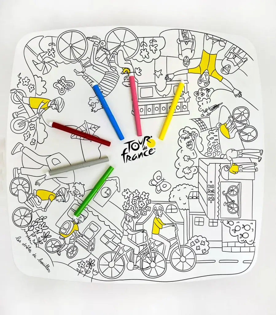 Décoration enfant, table de coloriage drôle de bouilles avec tabourets et feutres