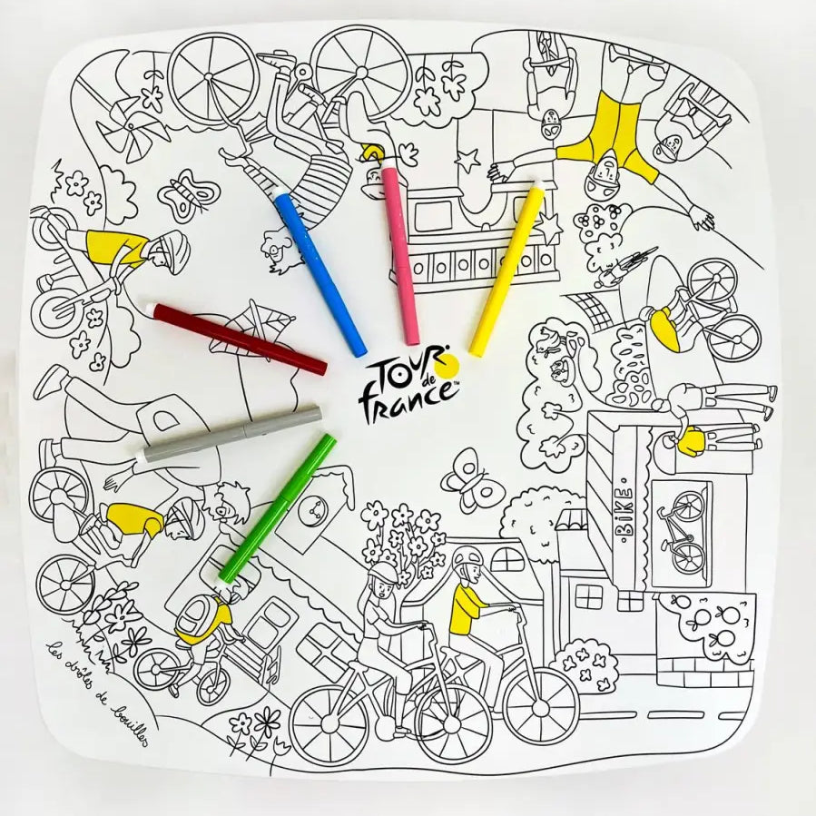 Décoration enfant, table de coloriage drôle de bouilles avec tabouret et feutres