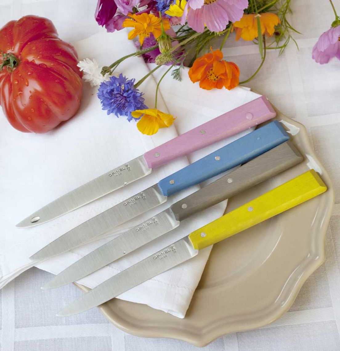 Set de 4 couteaux de table Opinel – manches en bois coloré pour une touche élégante et pratique à votre table.
