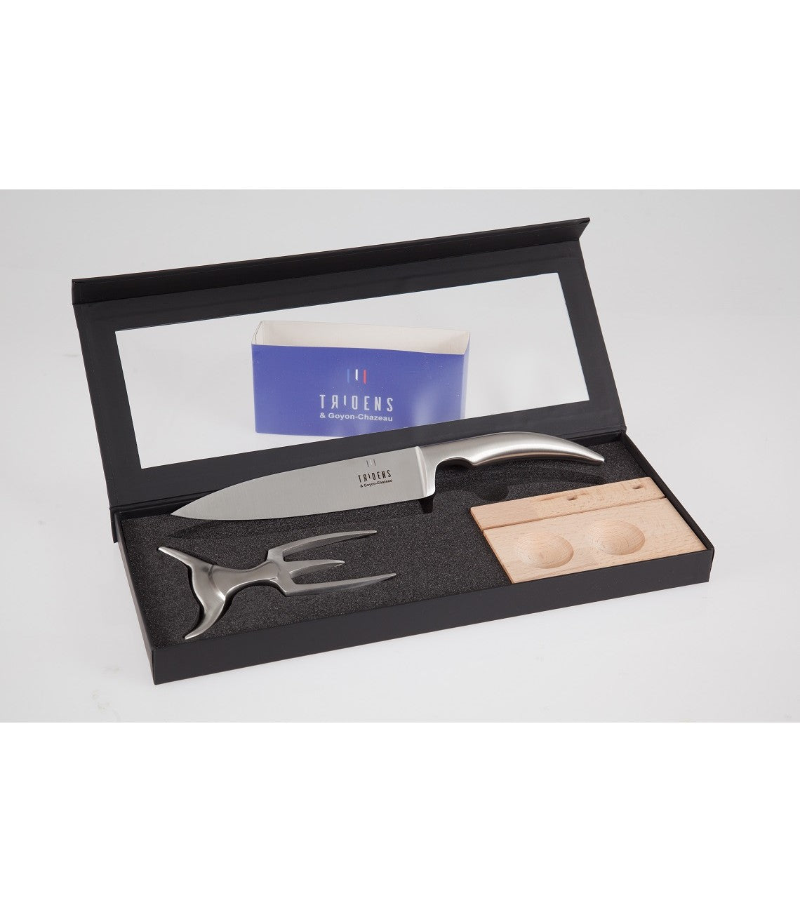 tridens, coffret découpe, couteau pleine soie, fouchette à viande et set de rangement