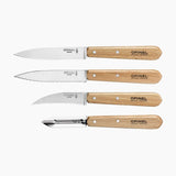 opinel, coffret les essentiels du cuisinier, couteau d'office, couteau cranté, coutau à légume et éplucheur en bois