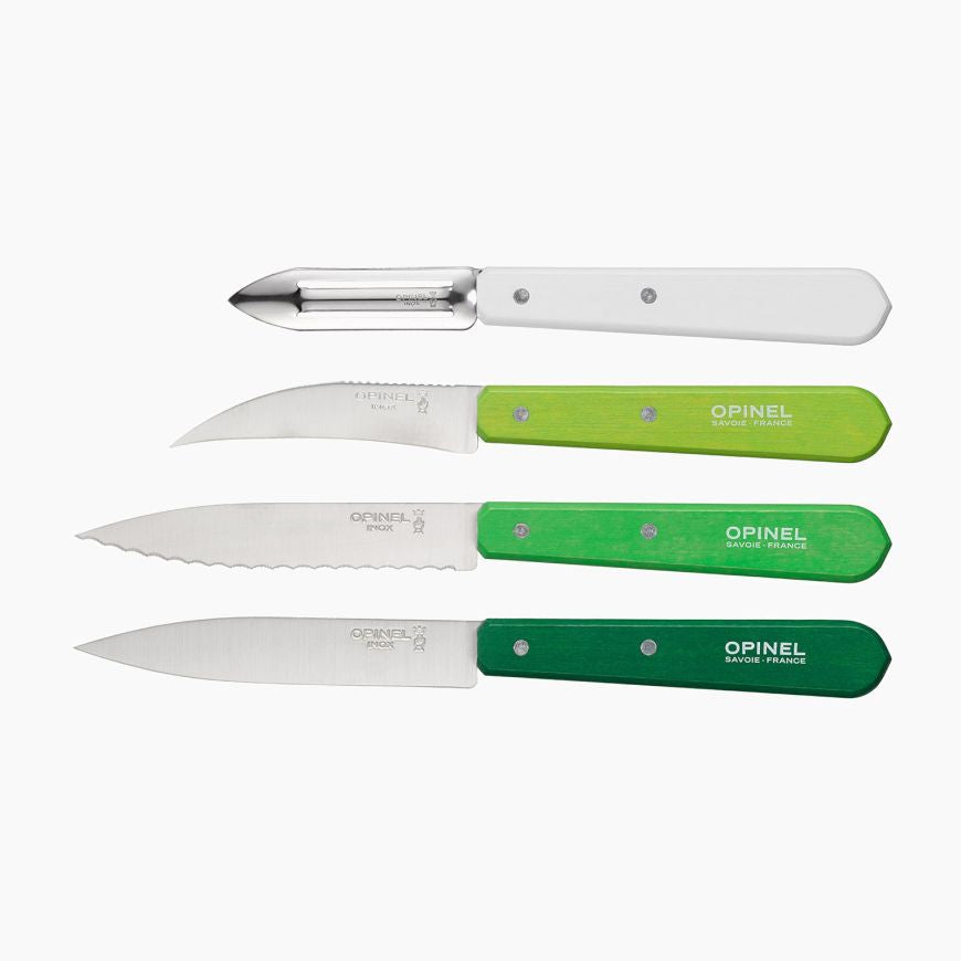 opinel, coffret les essentiels du cuisinier, couteau d'office, couteau cranté, coutau à légume et éplucheur en bois