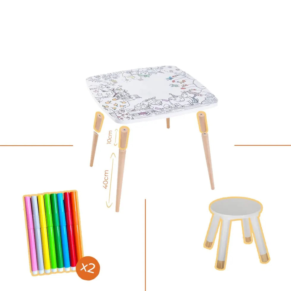 Décoration enfant, table de coloriage drôle de bouilles avec tabouret et feutres