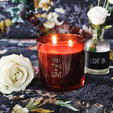 Bougie avec un message : you + me = love, bougie rouge My flame 