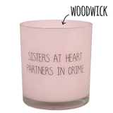 Bougie rose my flame avec inscription "sisters at heart partners in crime"