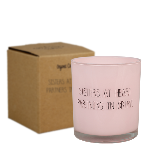 Bougie rose my flame avec inscription "sisters at heart partners in crime"