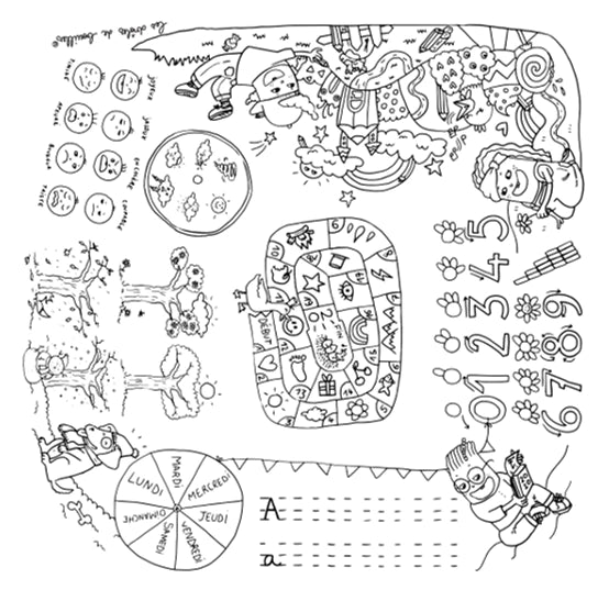 Décoration enfant, table de coloriage drôle de bouilles avec tabourets et feutres