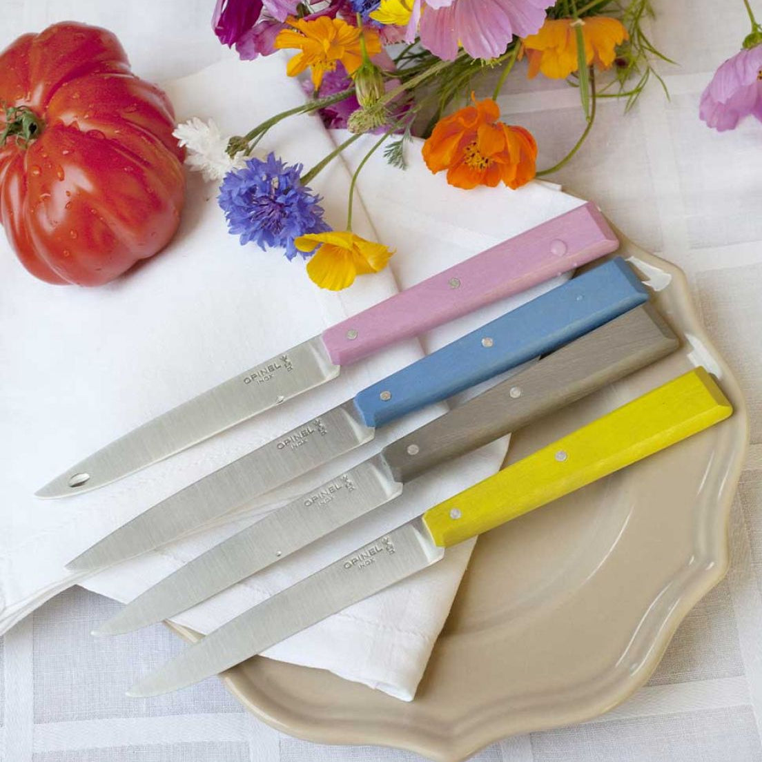 Set de 4 couteaux de table Opinel – manches en bois coloré pour une touche élégante et pratique à votre table.