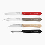 opinel, coffret les essentiels du cuisinier, couteau d'office, couteau cranté, coutau à légume et éplucheur en bois