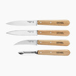 opinel, coffret les essentiels du cuisinier, couteau d'office, couteau cranté, coutau à légume et éplucheur en bois