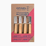 opinel, coffret les essentiels du cuisinier, couteau d'office, couteau cranté, coutau à légume et éplucheur en bois