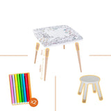 Décoration enfant, table de coloriage drôle de bouilles avec tabouret et feutres